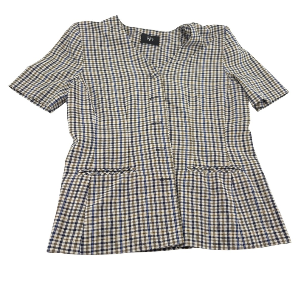 Vintage Tofy Women Plaid Short Sleeve Blazer Top Blue Tan V-Neck Button Front